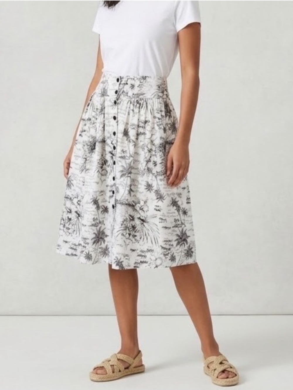 THE GREAT. Black and White Toile Printed Midi Skirt Linen Blend